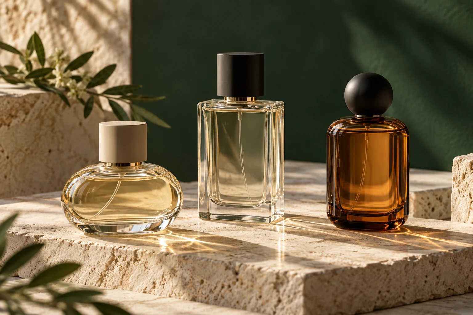 Illustrative still life of three unbranded perfume bottles on warm stone against a forest-green background